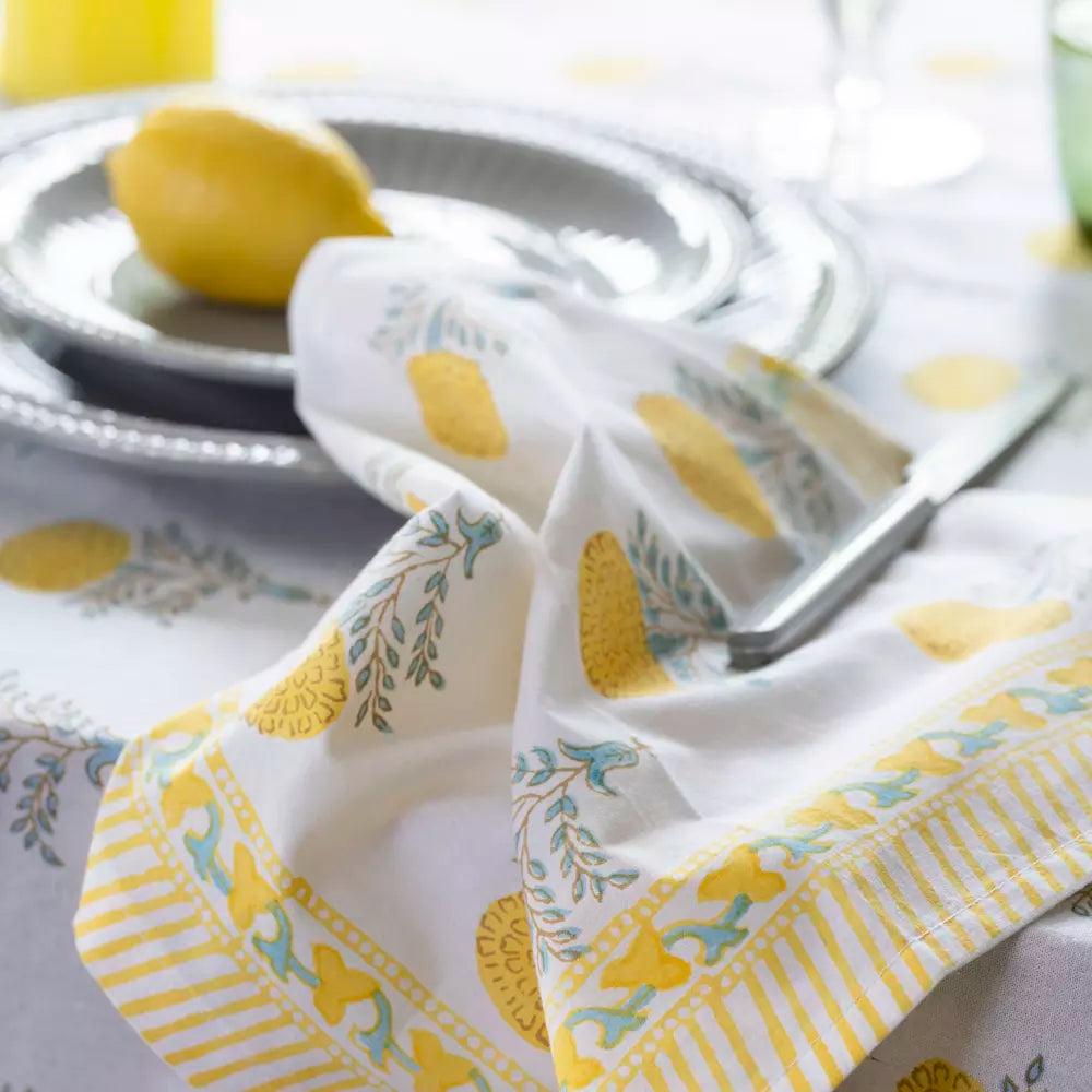 266 - Lemon Cotton Block Print Tablecloth