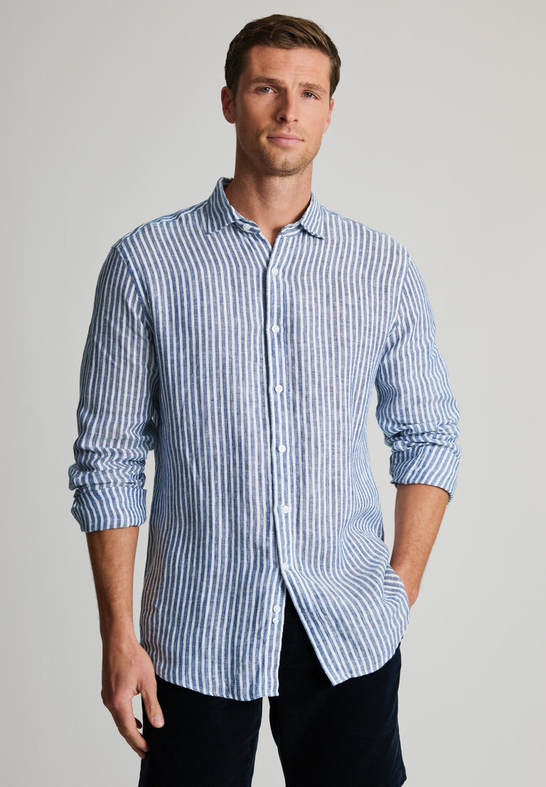 Dark Blue Linen Stripe Shirt, Regular Fit,