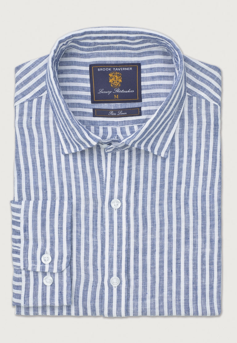 Dark Blue Linen Stripe Shirt, Regular Fit,