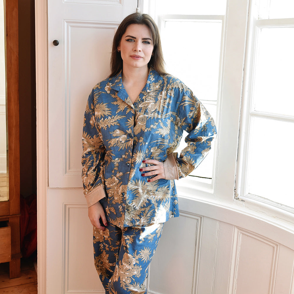 French Blue & Light Tan Print Pyjamas