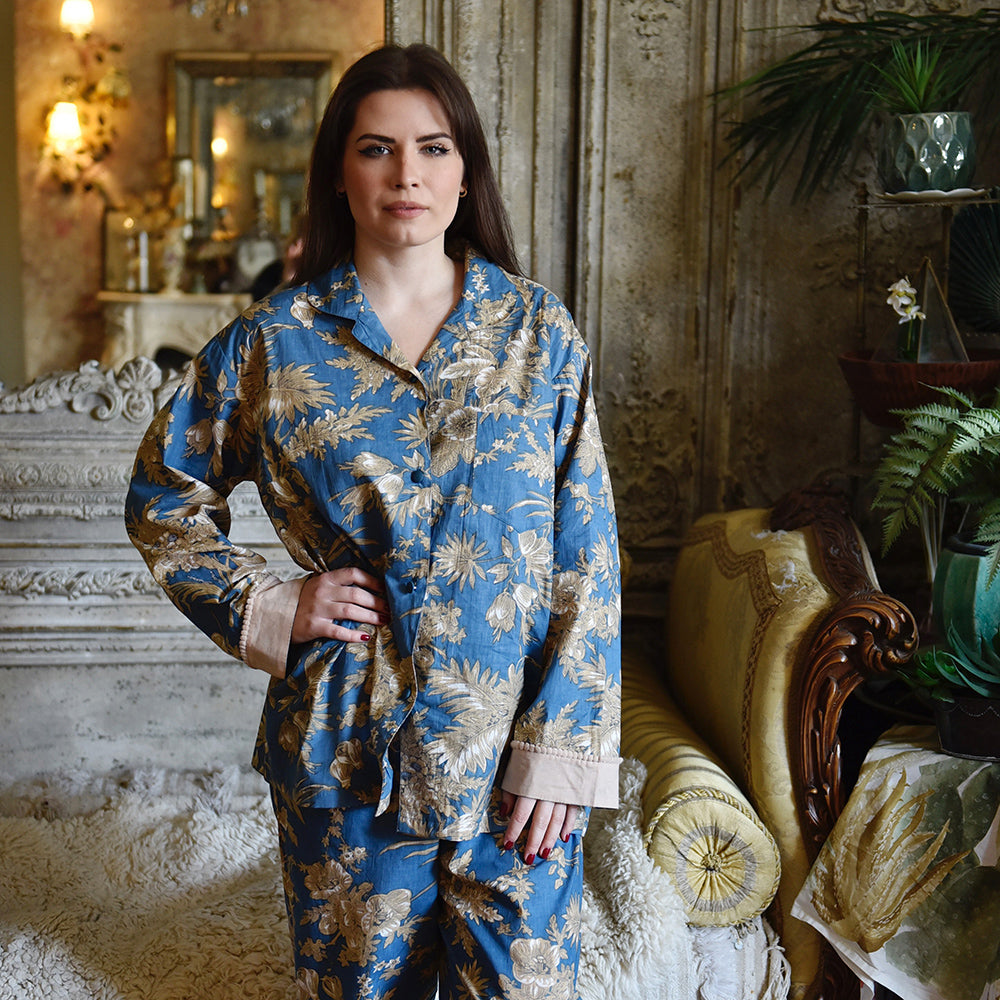 French Blue & Light Tan Print Pyjamas