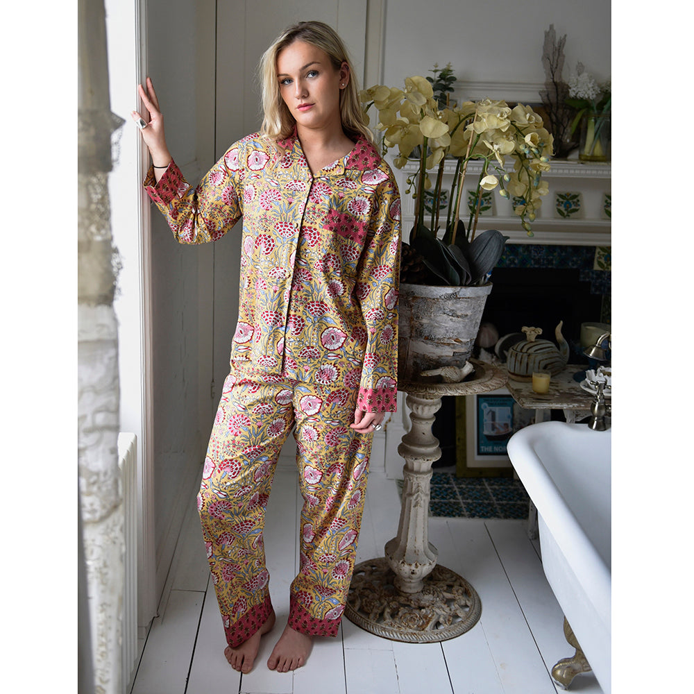 Yellow & Pink Carnation Print Pyjamas