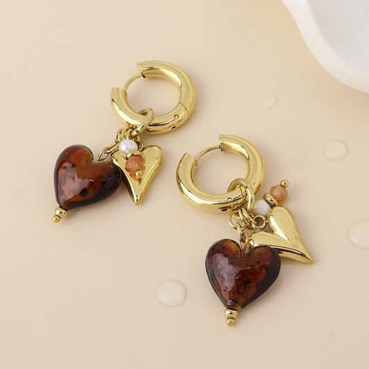 (178) Treasure, Brown & Gold Heart Earrings