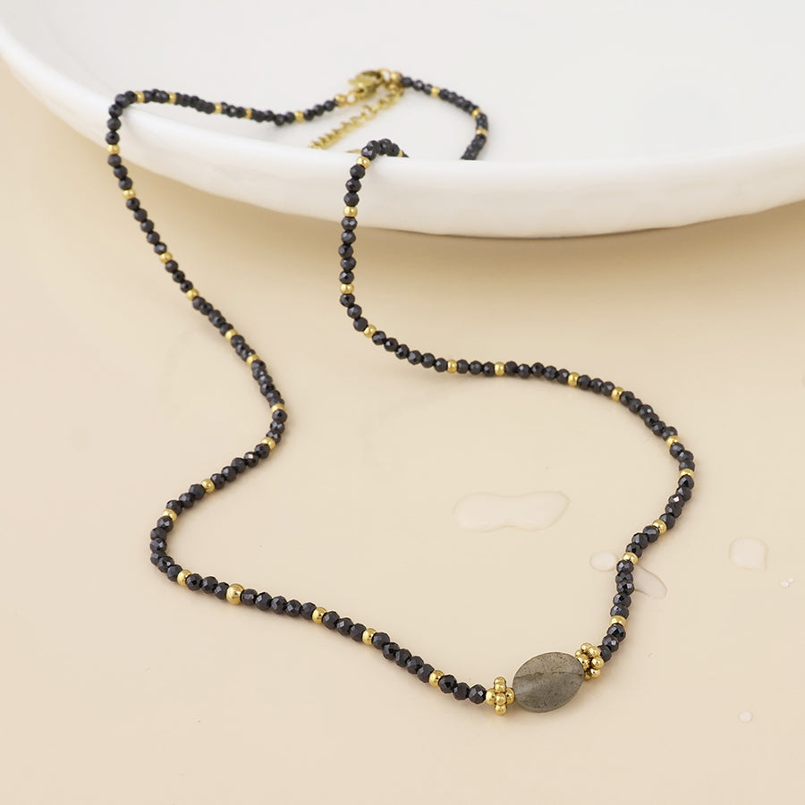 (179) Nyx, Black Bead & Stone Necklace