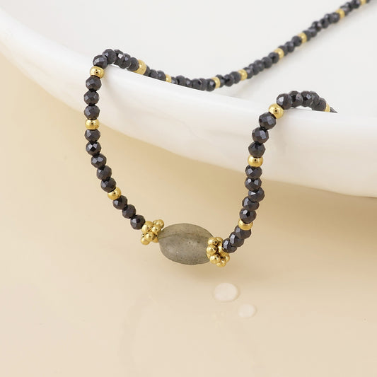 (179) Nyx, Black Bead & Stone Necklace