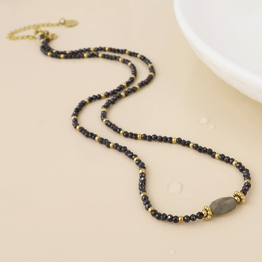 (179) Nyx, Black Bead & Stone Necklace