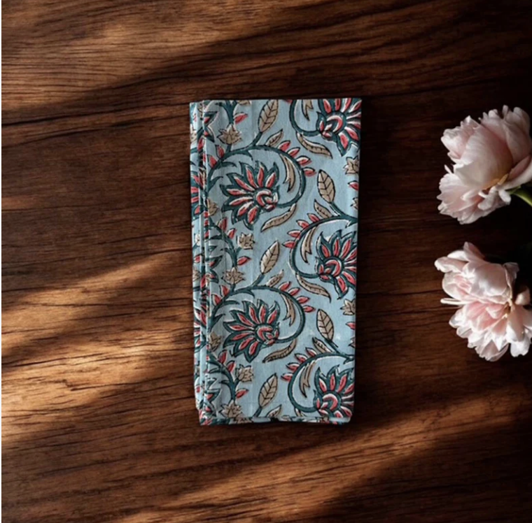 Blue & Coral Floral Napkins - set of 4