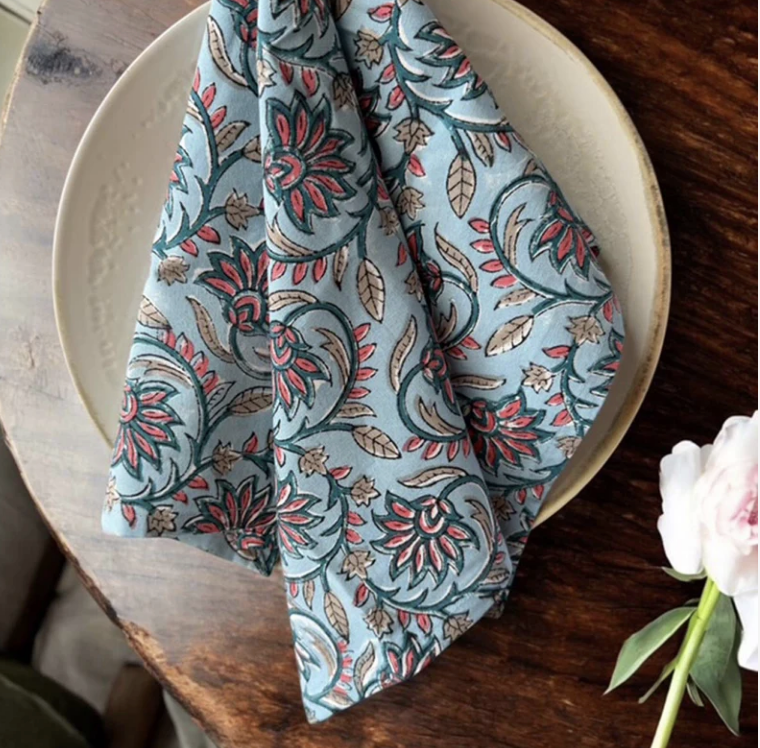 Blue & Coral Floral Napkins - set of 4