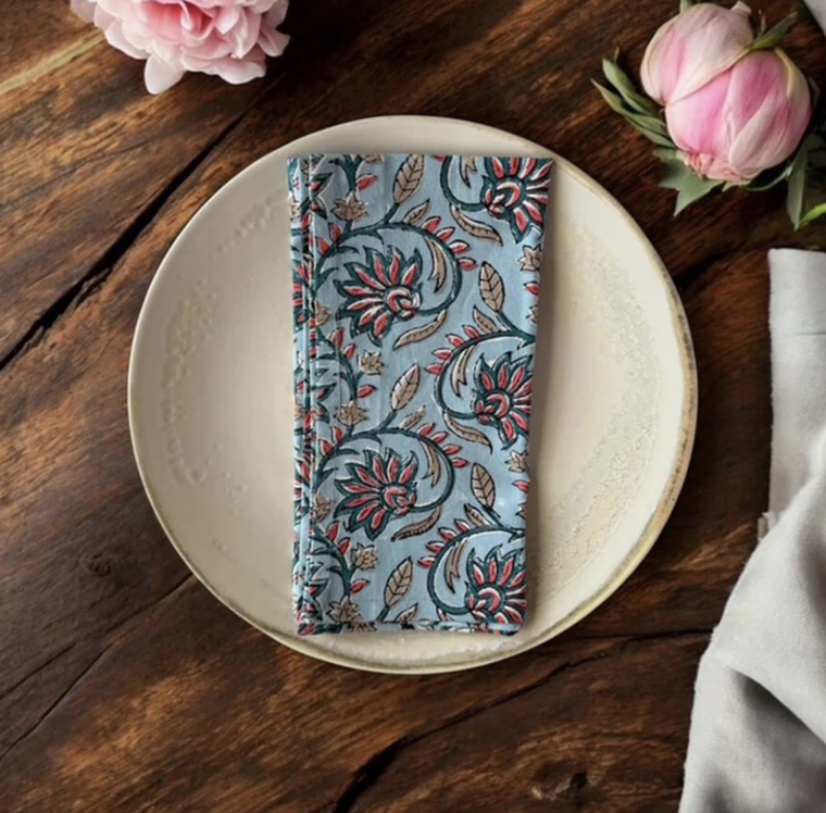 Blue & Coral Floral Napkins - set of 4