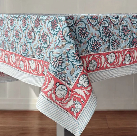 Blue & Coral Floral Tablecloth