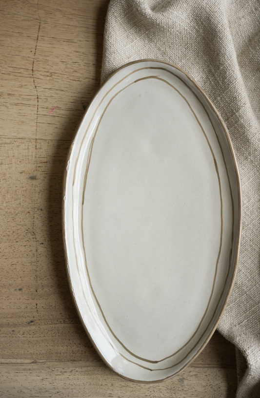 Hand Painted Breton Stripe Oval Plate - Taupe