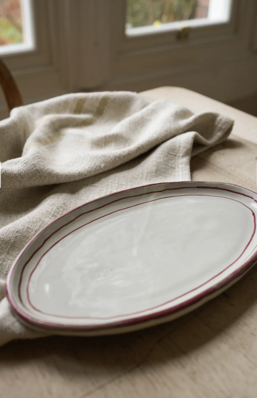 Hand Painted Breton Stripe Oval Plate - Brick