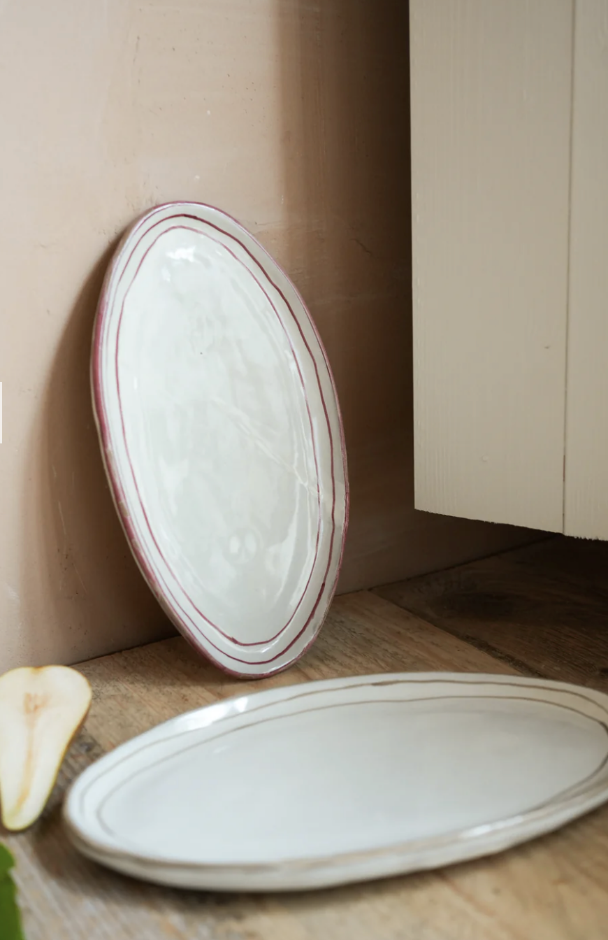 Hand Painted Breton Stripe Oval Plate - Brick