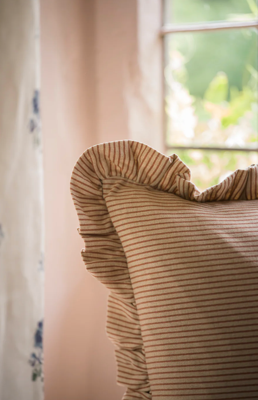 Stripe Frill Cushion - Brick