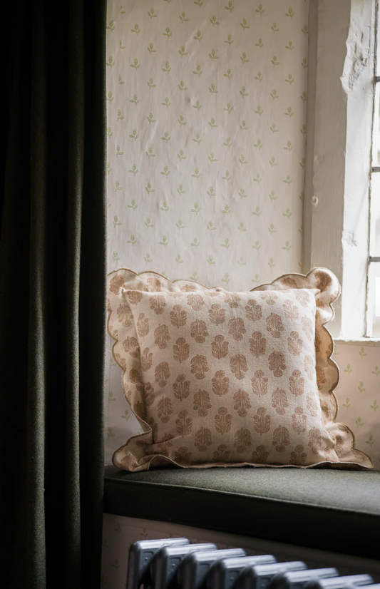 Scallop Block Print Cushion - Taupe