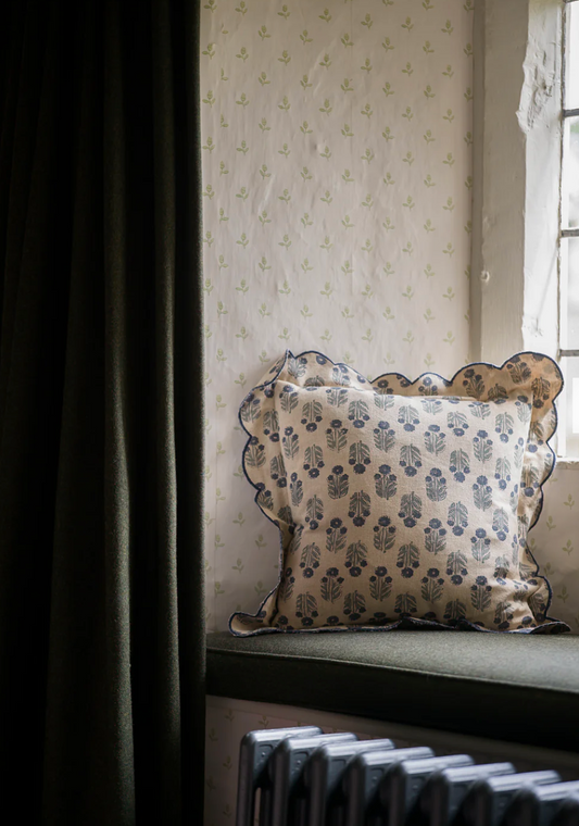 Scallop Block Print Cushion - Denim