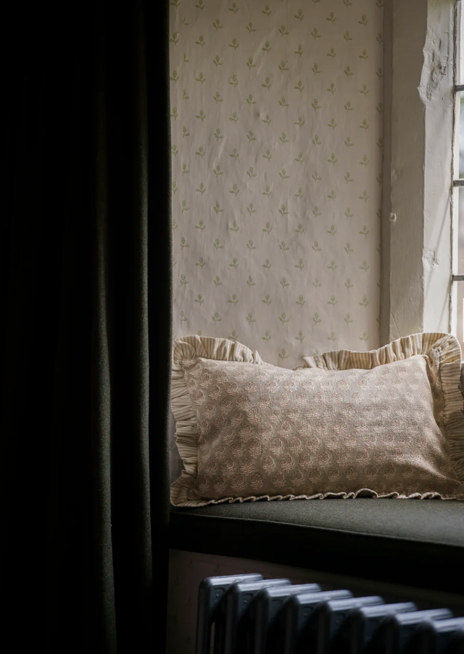 Frilled Block Print Cushion - Taupe