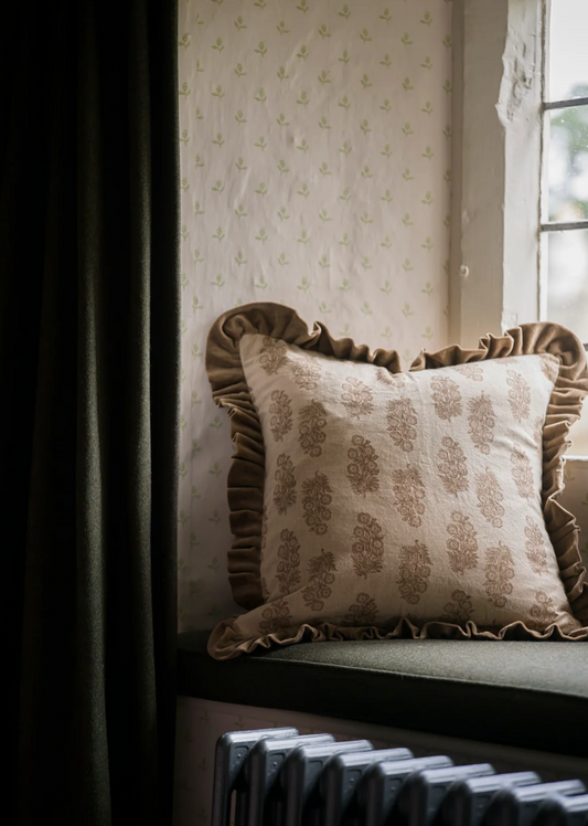 Block Print Flower Cushion - Taupe
