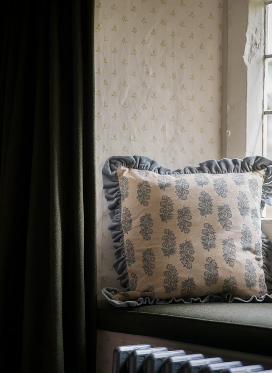 Block Print Flower Cushion - Denim