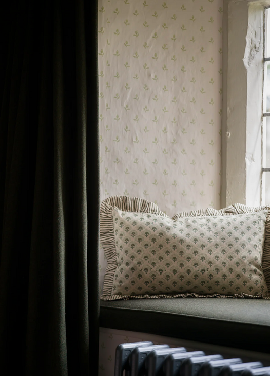 Fanflower Block Print Flower Cushion - Forest