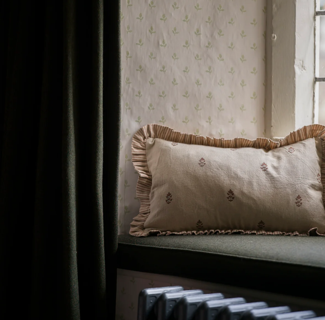 Sprig Block Print Flower Cushion - Brick