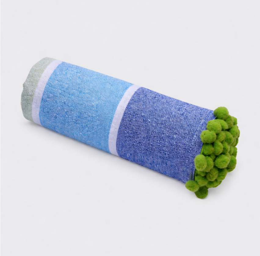 Hammam Towel - Blue/Green Pom Pom