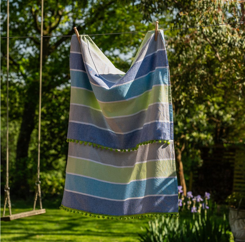 Hammam Towel - Blue/Green Pom Pom