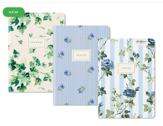 Blue Stripe Floral, 3 Stitched Notebook Set (B6)