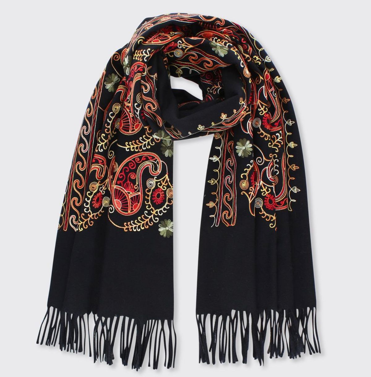 Embroidered Wrap Scarf, Black