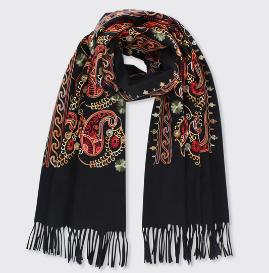 Embroidered Wrap Scarf, Black
