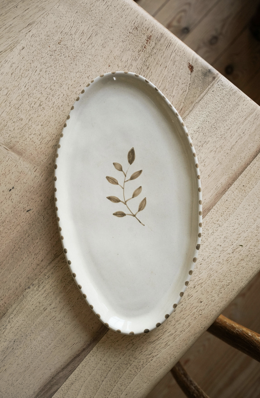 Hand Painted Botanic Oval Plate - Taupe