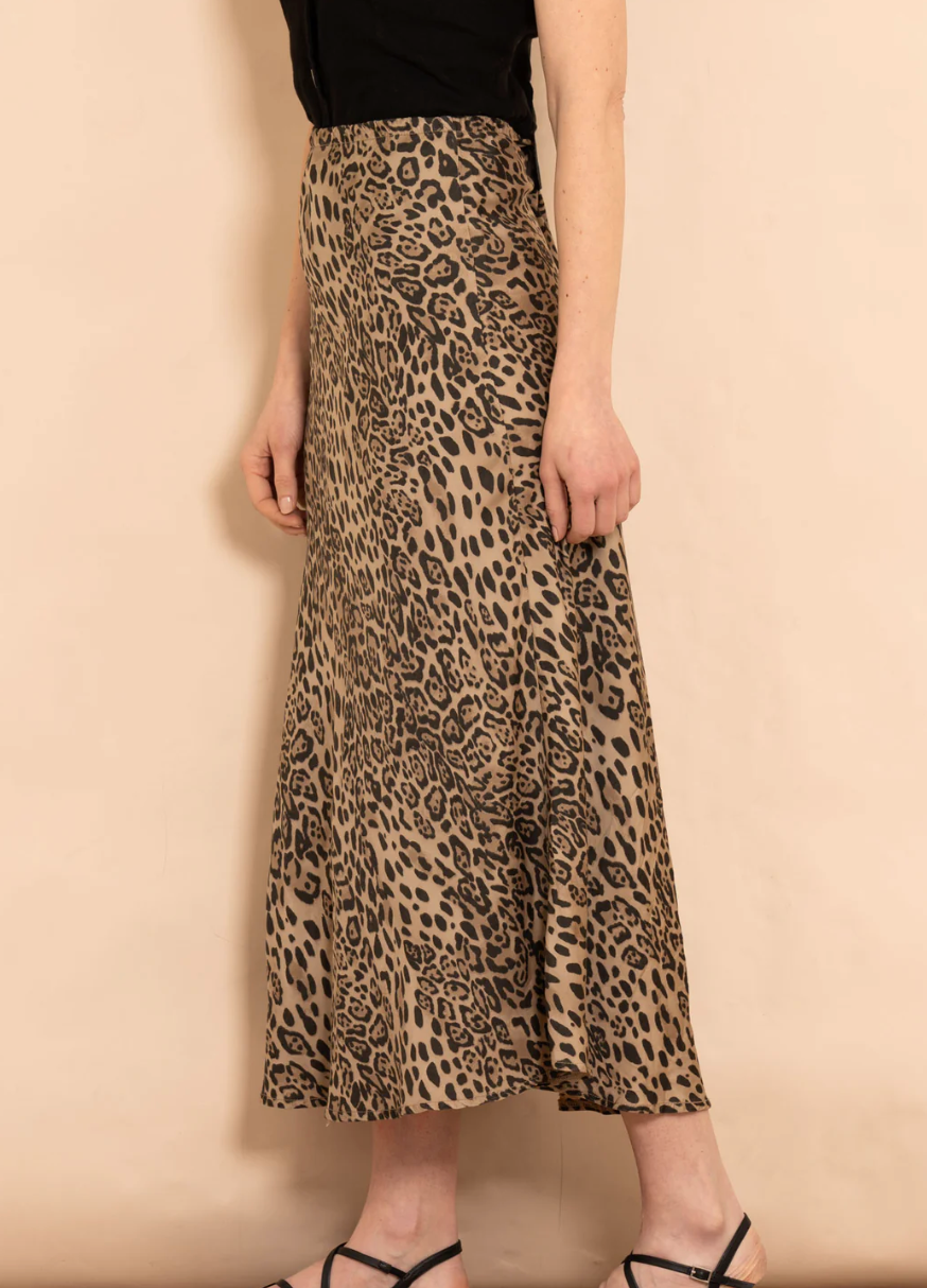 Cassie, Midi Slip Skirt - Natural Leopard Print