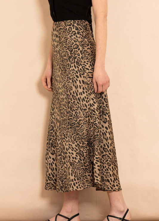 Cassie, Midi Slip Skirt - Natural Leopard Print