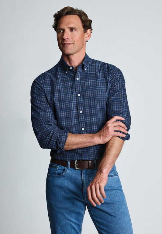 Navy Tattersall Check Shirt, Regular
