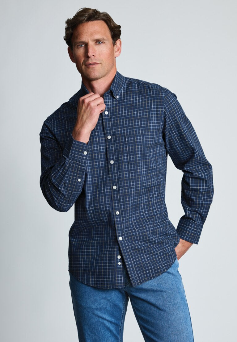 Navy Tattersall Check Shirt, Regular