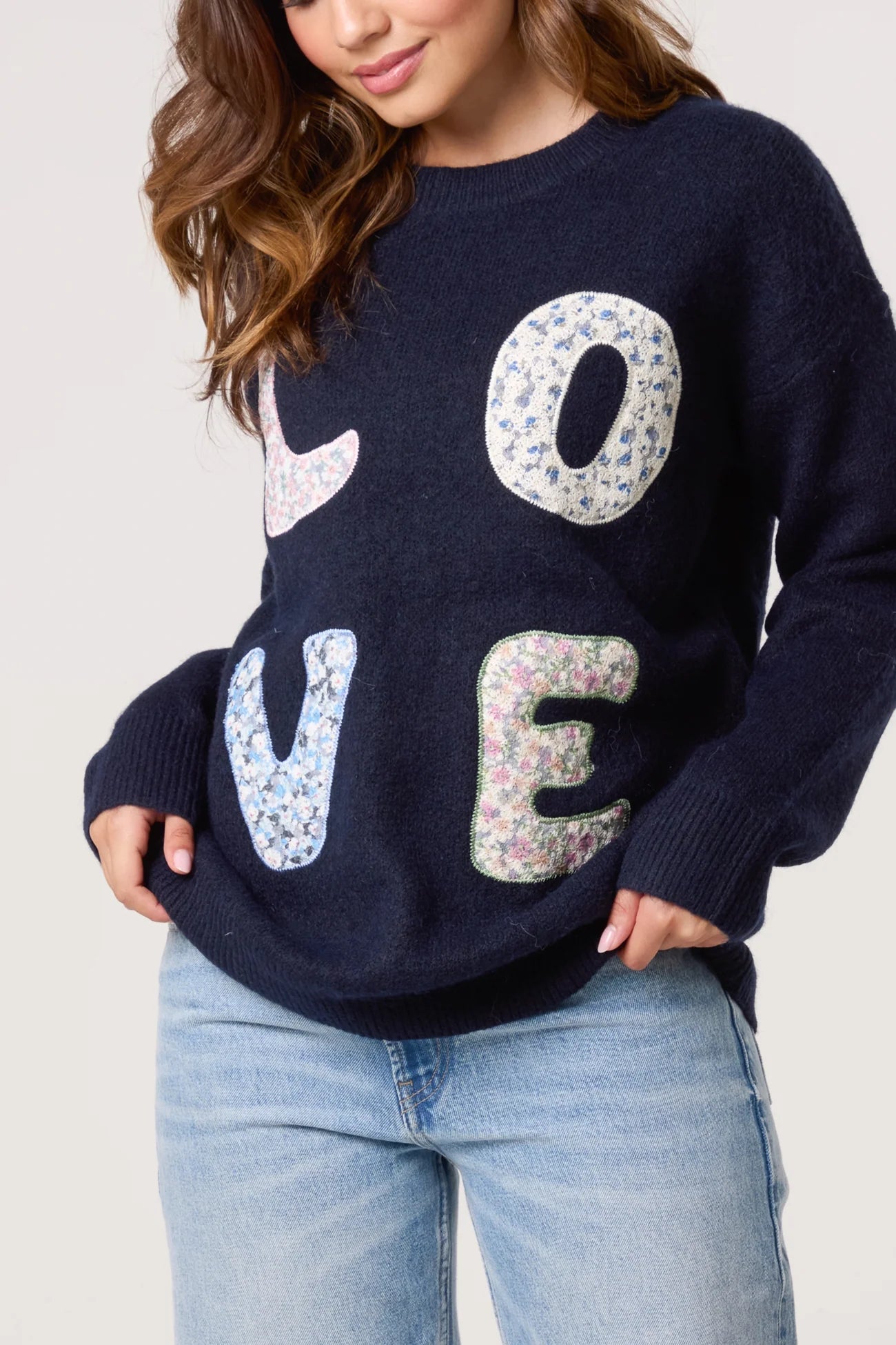 Patchwork 'Love' Jumper - Navy