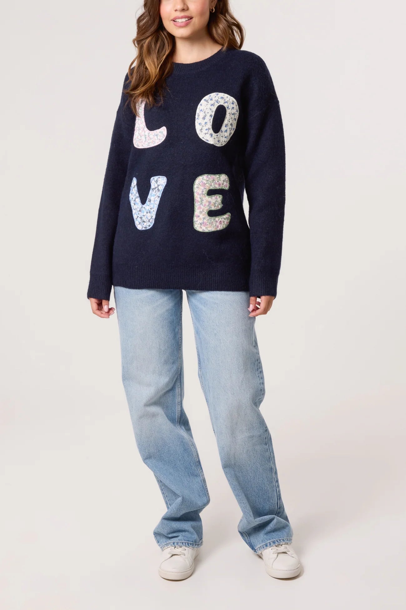 Patchwork 'Love' Jumper - Navy