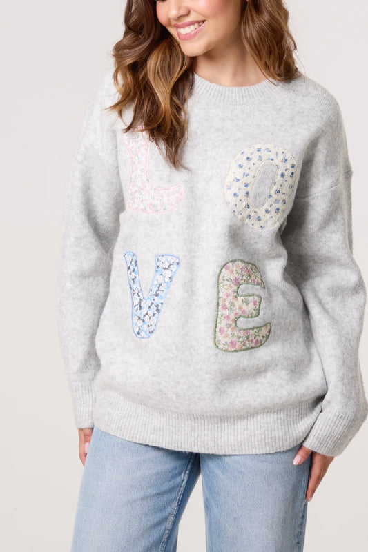 Patchwork 'Love' Jumper - Grey