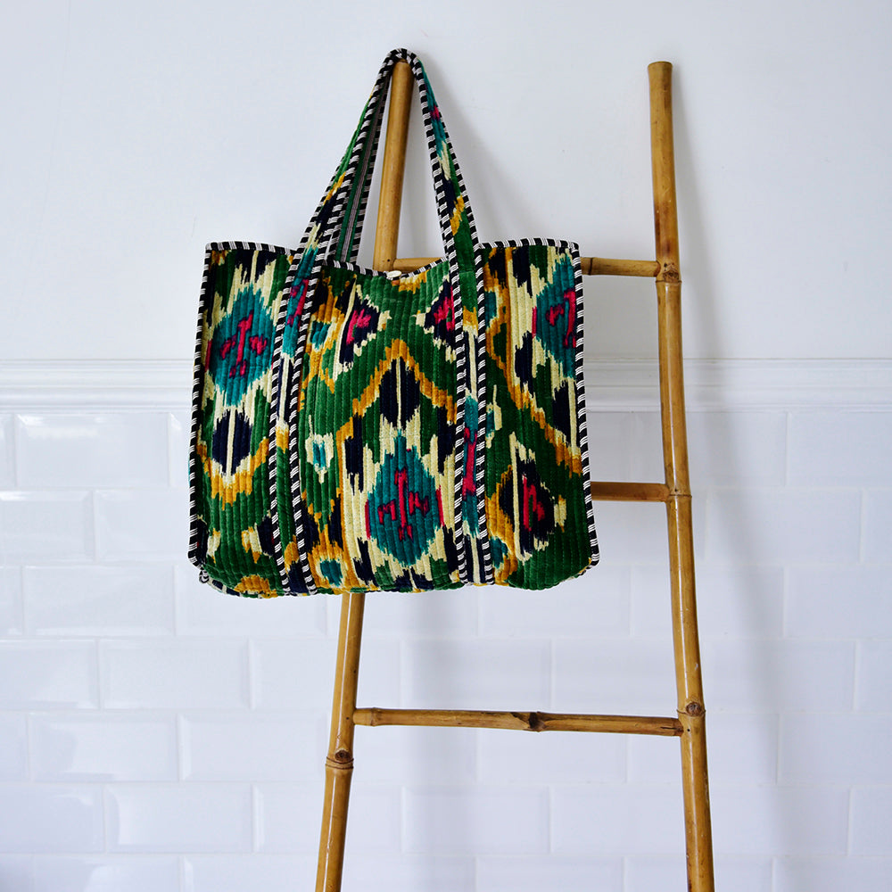 Velvet Green Ikat Quilted Shopper Bag