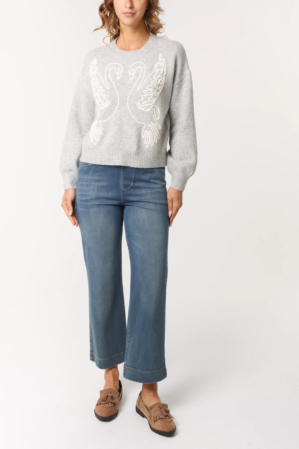 Swan Embroidered Knit Jumper - Grey
