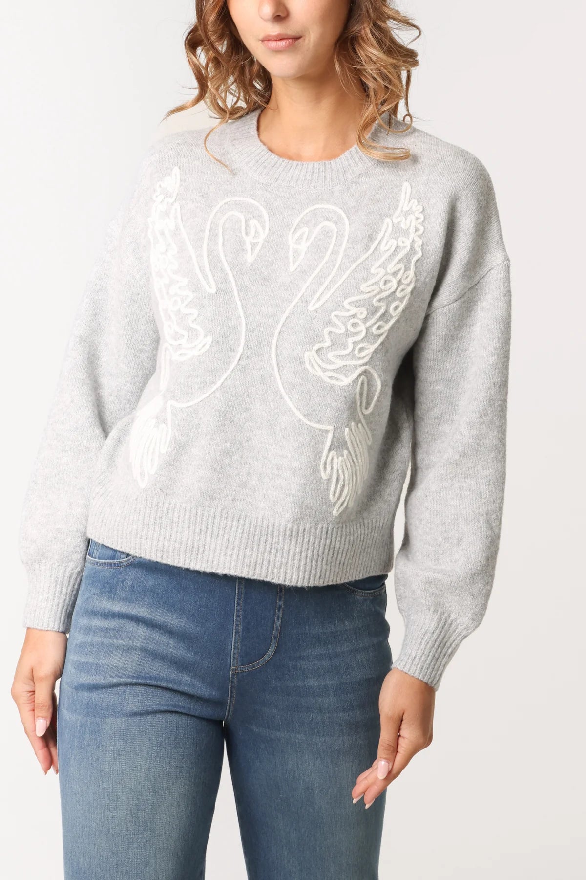 Swan Embroidered Knit Jumper - Grey