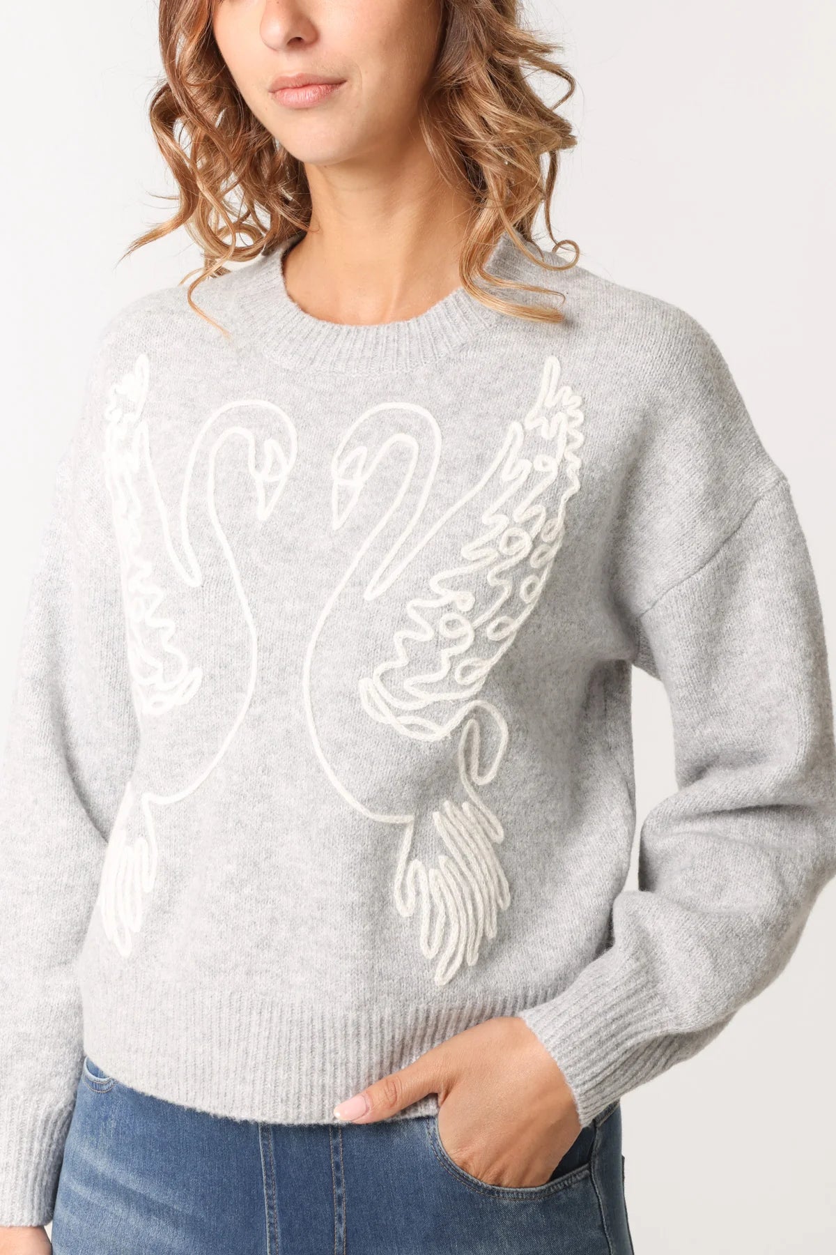Swan Embroidered Knit Jumper - Grey