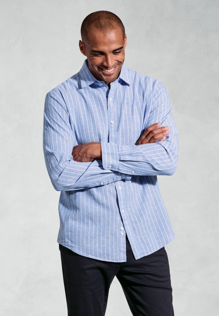 Sky Blue Linen Stripe Shirt, Regular Fit,