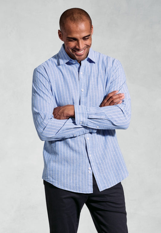 Sky Blue Linen Stripe Shirt, Regular Fit,