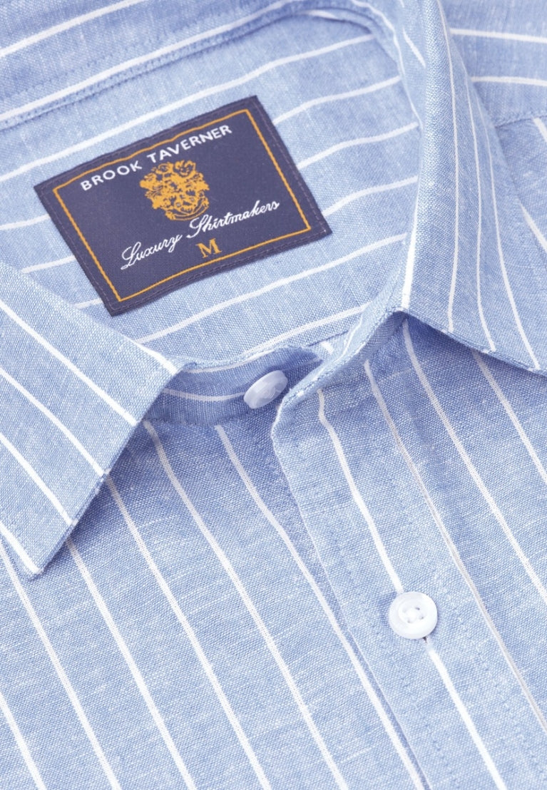 Sky Blue Linen Stripe Shirt, Regular Fit,