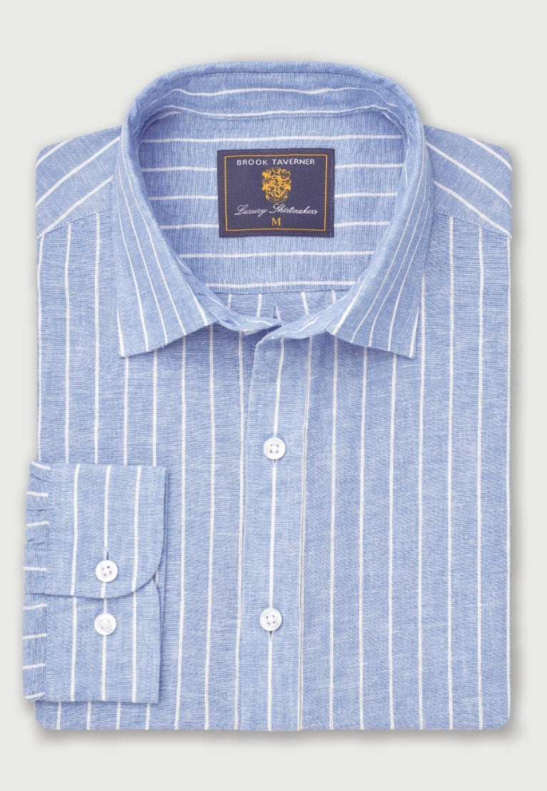Sky Blue Linen Stripe Shirt, Regular Fit,