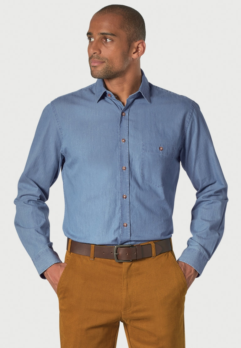 Light Blue Chambray Cotton Shirt, Tailored Fit