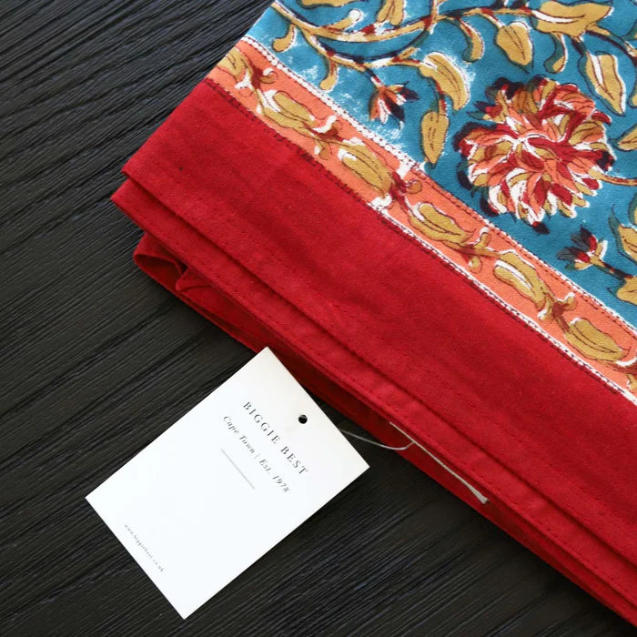 Dark Teal & Red Block Print Tablecloth