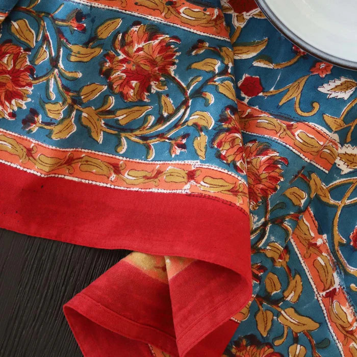 Dark Teal & Red Block Print Tablecloth